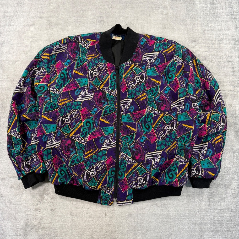 Bay Club Jacket Women 14 Purple VTG 80s Abstract Geometric Bomber Lightweight